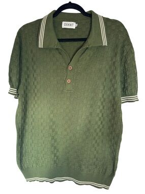 OXKNIT Men's Olive Green Short-Sleeve Textured Knit XL Polo with Striped Trim
